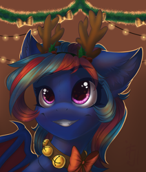 Size: 1456x1716 | Tagged: safe, artist:falafeljake, oc, oc only, oc:centreus feathers, dracony, dragon, hybrid, original species, pony, bell, bell collar, bow, collar, commission, cute, cute little fangs, fake antlers, fangs, female, holly, jingle bells, mare, smiling, solo