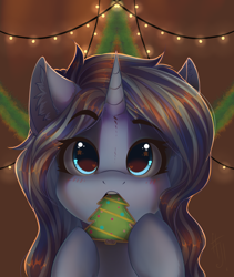 Size: 1600x1900 | Tagged: safe, artist:falafeljake, oc, oc only, oc:urban wave, pony, unicorn, blushing, christmas, christmas lights, christmas tree, cookie, cute, eating, female, food, holiday, looking at you, solo, tree