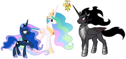Size: 2086x975 | Tagged: safe, edit, king sombra, princess celestia, princess luna, alicorn, pony, g4, alicornified, alternate universe, armor, beautiful, bedroom eyes, celumbra, christmas, covered cutie mark, crown, cutie mark, ethereal mane, female, flirting, good king sombra, handsome, hearth's warming, hidden cutie mark, holiday, hoof shoes, horn, implied celestibra, implied celumbra, implied lumbra, implied polyamory, implied shipping, jewelry, king sombra gets all the mares, large wings, long horn, looking at each other, lucky bastard, majestic, male, mane, mare, mistleholly, ot3, peytral, polyamory, race swap, regal, regalia, romance, royal sisters, royalty, seduction, ship:celestibra, ship:lumbra, shipping, smiling, sombracorn, stallion, starry mane, straight, stupid sexy sombra, this will end in kisses, this will end in snu snu, trio, when he smiles, wings