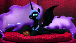 Size: 1920x1080 | Tagged: safe, artist:feuerrader-nmm, nightmare moon, pony, g4, 3d, box of chocolates, female, prone, solo