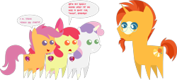 Size: 3315x1495 | Tagged: safe, artist:estories, edit, editor:slayerbvc, vector edit, apple bloom, scootaloo, sunburst, sweetie belle, earth pony, pegasus, pony, unicorn, g4, apple bloom's bow, bow, coat markings, cutie mark, cutie mark crusaders, female, filly, glasses, grin, hair bow, horn, horn sock, looking down, male, missing accessory, pointy ponies, ponies wearing sunburst's socks, silly belle, simple background, smiling, sockless sunburst, socks (coat markings), speech bubble, stallion, sunburst's glasses, the cmc's cutie marks, transparent background, vector