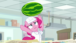 Size: 1920x1080 | Tagged: safe, screencap, pinkie pie, earth pony, pony, g4, the last laugh, female, food, fruit, hooves in air, mare, open mouth, solo, watermelon