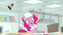 Size: 1920x1080 | Tagged: safe, screencap, pinkie pie, earth pony, pony, g4, the last laugh, female, helmet, mare, open mouth, solo