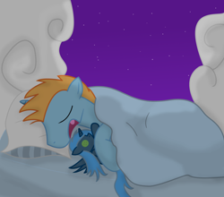 Size: 3000x2639 | Tagged: safe, artist:dazed-and-wandering, oc, oc:harmony star, alicorn, pony, unicorn, bed, cloud, high res, horn, pillow, plushie, sleeping, unicorn oc