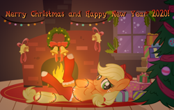 Size: 4790x3024 | Tagged: safe, artist:xxloro-uwu, applejack, earth pony, pony, g4, bell, blushing, bobble, bow, christmas, christmas lights, christmas tree, christmas wreath, clothes, cute, female, fire, fireplace, freckles, hair bow, happy new year, happy new year 2020, holiday, holly, holly mistaken for mistletoe, jackabetes, looking at you, mare, missing cutie mark, present, raised hoof, raised leg, show accurate, snow, socks, stockings, thigh highs, tree, window, wreath