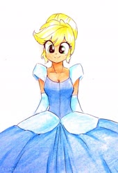 Size: 2322x3415 | Tagged: safe, artist:liaaqila, applejack, equestria girls, g4, applerella, beautiful, cinderella, clothes, cosplay, costume, cute, disney, dress, evening gloves, female, gloves, gown, high res, jackabetes, long gloves, parody, princess applejack, princess costume, smiling, solo, traditional art