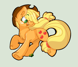 Size: 829x718 | Tagged: safe, artist:raziefim, applejack, earth pony, pony, g4, chest fluff, cute, ear fluff, female, gray background, hair over one eye, jackabetes, leg fluff, mare, no pupils, open mouth, simple background, solo