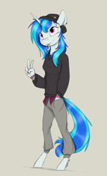 Size: 1000x1650 | Tagged: safe, artist:sinrar, dj pon-3, vinyl scratch, unicorn, anthro, unguligrade anthro, g4, clothes, female, peace sign, piercing, simple background, solo