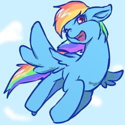 Size: 1000x1000 | Tagged: safe, artist:danbourumikan, rainbow dash, pegasus, pony, g4, cloud, cute, dashabetes, female, flying, mare, open mouth, sky, solo, spread wings, wings