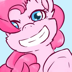 Size: 1000x1000 | Tagged: safe, artist:danbourumikan, pinkie pie, earth pony, pony, g4, blue background, bust, cheek fluff, cute, diapinkes, ear fluff, female, looking at you, mare, portrait, simple background, smiling, solo, underhoof