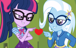 Size: 1052x665 | Tagged: safe, edit, edited screencap, screencap, sci-twi, trixie, twilight sparkle, best trends forever, best trends forever: twilight sparkle, equestria girls, equestria girls specials, g4, my little pony equestria girls: better together, my little pony equestria girls: holidays unwrapped, female, lesbian, lidded eyes, ship:sci-twixie, ship:twixie, shipping, shipping domino