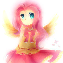 Size: 1500x1500 | Tagged: safe, artist:sea, fluttershy, butterfly, human, g4, bow, clothes, cute, cutie mark, dress, female, hands behind back, humanized, looking at you, pixiv, shyabetes, simple background, solo, white background, winged humanization, wings