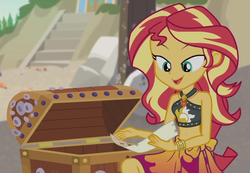 Size: 1437x995 | Tagged: safe, screencap, sunset shimmer, equestria girls, g4, my little pony equestria girls: better together, x marks the spot, beach, belly button, bikini, clothes, cropped, cute, female, geode of empathy, magical geodes, midriff, sarong, shimmerbetes, sleeveless, smiling, sunset shimmer's beach shorts swimsuit, swimsuit, treasure chest, treasure map