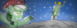Size: 851x314 | Tagged: safe, oc, oc only, oc:artista, oc:verde doncella apple, pony, christmas, hat, holiday, santa hat, ship:arteris, snow, snowfall, solo, tree