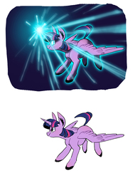 Size: 800x1052 | Tagged: safe, artist:jj, twilight sparkle, alicorn, pony, g4, colored hooves, crepuscular rays, female, glowing eyes, glowing horn, horn, magic, mare, pixiv, solo, spread wings, twilight sparkle (alicorn), wings