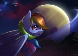 Size: 3587x2583 | Tagged: safe, artist:nookprint, rainbow dash, pegasus, pony, g4, female, high res, night, open mouth, planet, sky, solo, stars