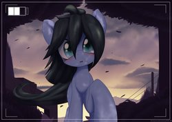 Size: 3840x2716 | Tagged: safe, artist:an-m, oc, oc only, oc:reflect decrypt, pony, battery, camera shot, cloud, female, high res, looking at the camera, looking at you, mare, solo, sunset, wind