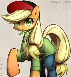 Size: 790x865 | Tagged: safe, artist:tangankittentail, applejack, earth pony, pony, g4, clothes, coat, cute, female, hat, jackabetes, jeans, mare, pants, pixiv, solo