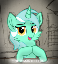 Size: 981x1080 | Tagged: safe, artist:rainbow eevee, lyra heartstrings, pony, unicorn, g4, cheek fluff, female, gendo pose, hooves together, lidded eyes, looking at you, mare, outsmart, solo, speech