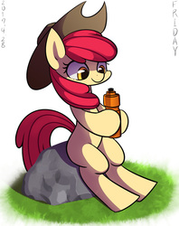 Size: 655x825 | Tagged: safe, artist:tangankittentail, apple bloom, earth pony, pony, g4, adorabloom, applejack's hat, blank flank, cowboy hat, cute, female, filly, hat, hoof hold, pixiv, rock, sitting, solo, stetson, water bottle