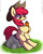 Size: 655x825 | Tagged: safe, artist:tangankittentail, apple bloom, earth pony, pony, g4, adorabloom, applejack's hat, blank flank, cowboy hat, cute, female, filly, hat, hoof hold, rock, sitting, solo, stetson, water bottle