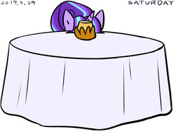 Size: 690x525 | Tagged: safe, artist:tangankittentail, starlight glimmer, pony, unicorn, amending fences, g4, candle, face not visible, female, hiding, implied starlight glimmer, mare, pixiv, s5 starlight, scene interpretation, simple background, solo, starlight stalker, table, white background