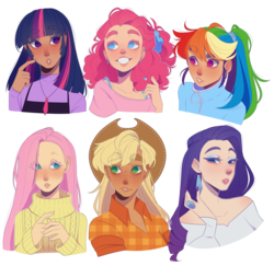 Size: 2448x2376 | Tagged: safe, artist:looji, applejack, fluttershy, pinkie pie, rainbow dash, rarity, twilight sparkle, human, g4, bust, clothes, colored pupils, cowboy hat, ear piercing, earring, eye clipping through hair, eyebrows, eyebrows visible through hair, female, hat, high res, humanized, jewelry, mane six, necklace, no pupils, piercing, ring, simple background, sweater, sweatershy, transparent background