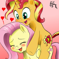 Size: 2000x2000 | Tagged: safe, artist:tomtornados, fluttershy, sunset shimmer, pegasus, pony, unicorn, g4, blushing, cute, eyes closed, female, gradient background, happy, heart, high res, lesbian, mare, open mouth, piggyback ride, ponies riding ponies, riding, shimmerbetes, ship:sunshyne, shipping, shyabetes, sunset shimmer riding fluttershy, underhoof