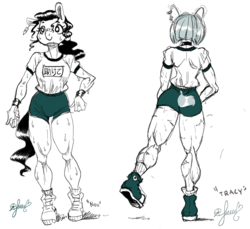 Size: 2472x2265 | Tagged: safe, artist:pantheracantus, oc, oc only, oc:ruituri nox, oc:tracy cage, anthro, ass, butt, clothes, colored, digital art, female, high res, legs, shirt, simple background, sketch, sports shorts, sweat, uniform, white background