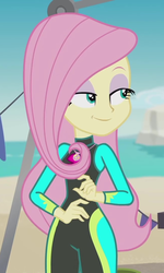 Size: 650x1080 | Tagged: safe, screencap, fluttershy, equestria girls, g4, my little pony equestria girls: better together, too hot to handle, beach, beach babe, clothes, cropped, cute, eyeshadow, female, fluttershy's wetsuit, geode of fauna, lidded eyes, magical geodes, makeup, sand, shyabetes, smiling, solo, swimsuit, water, wetsuit