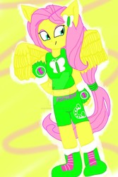 Size: 600x900 | Tagged: safe, artist:sa-titleofmystic, fluttershy, equestria girls, g4, belly button, clothes, exeron fighters, exeron gloves, exeron outfit, midriff, ponied up, shorts, tank top, watermark