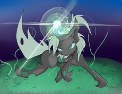 Size: 1858x1429 | Tagged: safe, artist:k_clematis, oc, oc only, oc:clematis, changeling, changeling queen, pony, changeling queen oc, glowing horn, green changeling, horn, solo
