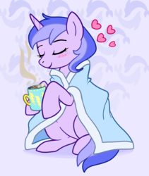 Size: 957x1133 | Tagged: safe, artist:nightmare fuel, sea swirl, seafoam, pony, unicorn, g4, blanket, chocolate, commission, cup, cutie mark background, drink, eyes closed, female, food, heart, hoof hold, hot chocolate, mare, mug, rug, smiling, solo, wrapped up, ych result