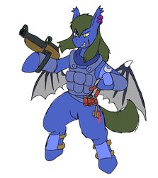 Size: 1825x2048 | Tagged: safe, artist:omegapony16, oc, oc only, oc:oriponi, bat pony, pony, armor, bat pony oc, bipedal, clothes, ear piercing, earring, grin, gun, jewelry, piercing, scar, simple background, smiling, soldier, solo, vest, weapon, white background