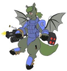 Size: 1932x2048 | Tagged: safe, artist:omegapony16, oc, oc only, oc:oriponi, bat pony, pony, armor, bat pony oc, clothes, flying, gun, scar, shooting, simple background, soldier, spread wings, unshorn fetlocks, vest, weapon, white background, wings