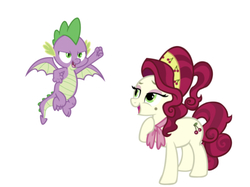 Size: 750x562 | Tagged: safe, artist:cheezedoodle96, artist:sugar-loop, edit, editor:undeadponysoldier, cherry jubilee, spike, dragon, pony, g4, beauty mark, female, impressed, jubispike, male, mare, shipping, simple background, spread wings, straight, white background, winged spike, wings