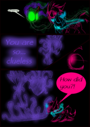 Size: 985x1385 | Tagged: safe, artist:didun850, king sombra, princess luna, oc, oc:chase, alicorn, earth pony, pony, shadow pony, umbrum, unicorn, comic:ask chase the pony, g4, black background, comic, curved horn, dialogue, female, filly, glowing eyes, horn, lineart, male, mouth hold, neon, simple background, stallion
