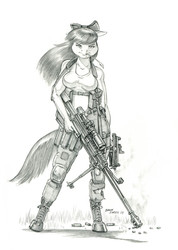 Size: 1000x1401 | Tagged: safe, artist:baron engel, apple bloom, earth pony, anthro, unguligrade anthro, g4, breasts, busty apple bloom, clothes, digital art, fallout, female, gepard gm6, grayscale, gun, monochrome, older, older apple bloom, pencil drawing, rifle, sketch, sniper rifle, solo, story in the comments, story in the source, submachinegun, traditional art, trigger discipline, weapon