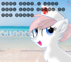 Size: 1177x1024 | Tagged: safe, artist:rainbow eevee, nurse redheart, pony, g4, 30 minute art challenge, beach, blue eyes, cute, female, hat, irl, looking at you, nurse, nurse hat, open mouth, photo, solo, text, wallpaper
