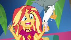Size: 1920x1080 | Tagged: safe, screencap, sunset shimmer, bird, seagull, equestria girls, equestria girls series, g4, i'm on a yacht, spoiler:eqg series (season 2), clothes, drink, female, glass, open mouth