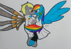 Size: 3406x2368 | Tagged: safe, artist:boyoxhot, rainbow dash, oc, oc:h8-seed, pegasus, pony, fanfic:rainbow factory, g4, blushing, canon x oc, clothes, female, high res, hug, kissing, male, mare, rainbow factory dash, stallion, wings