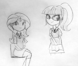 Size: 1395x1183 | Tagged: safe, artist:tjpones, sci-twi, sunset shimmer, twilight sparkle, equestria girls, g4, black and white, clothes, duo, female, glasses, grayscale, monochrome, school uniform, simple background, sketch, traditional art, white background
