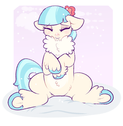 Size: 749x765 | Tagged: safe, artist:lulubell, coco pommel, earth pony, pony, g4, chest fluff, cocobetes, colored hooves, cute, eyes closed, female, floppy ears, fluffy, mare, pale belly, sitting, snow, snowfall, solo, underhoof, winter coat