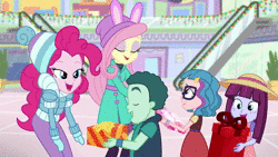 Size: 1920x1080 | Tagged: safe, screencap, fluttershy, kimberlite, mint chip, pinkie pie, technicolor waves, equestria girls, equestria girls specials, g4, my little pony equestria girls: better together, my little pony equestria girls: holidays unwrapped, winter break-in, animated, bunny ears, cartoon physics, child, children, clothes, cute, dropped, escalator, female, glasses, hammerspace, hammerspace hair, happy, holiday decorations, oh no, phew, pinkie being pinkie, pinkie physics, pinkie's magic hair, present, sad, shopping mall, smiling, sound, webm, winter outfit