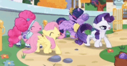 Size: 402x210 | Tagged: safe, edit, editor:romulus4444, gameloft, screencap, fluttershy, pinkie pie, rarity, twilight sparkle, alicorn, pegasus, pony, g4, afro puffs, animated, bag, cute, dancing, dancity, diapinkes, everyday i'm shufflin', female, game screencap, gameloft is trying to murder us, gameloft shenanigans, gif, group, moonwalk, perfect loop, pinkie puffs, quartet, raribetes, shuffle, shyabetes, synchronized, the club can't even handle me right now, twiabetes, twilight sparkle (alicorn)