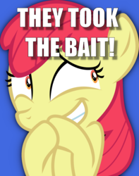 Size: 1200x1521 | Tagged: safe, apple bloom, earth pony, pony, g4, caption, female, giggling, image macro, solo, text
