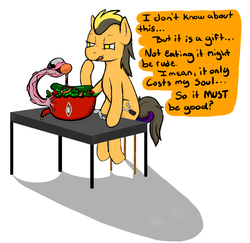 Size: 1246x1212 | Tagged: safe, artist:vee ness, oc, oc:flint spark, pony, body horror, cucumber, eldritch abomination, food, male, salad, simple background, stallion, table, white background