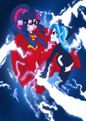 Size: 2120x3000 | Tagged: safe, artist:edcom02, artist:jmkplover, sci-twi, starlight glimmer, twilight sparkle, human, equestria girls, g4, angry, boots, clothes, crossover, dc comics, duo, female, fight, glasses, high res, lightning, livewire, miniskirt, ponytail, shoes, skirt, socks, supergirl, thigh boots, thigh highs