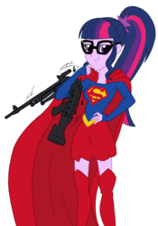 Size: 2103x3000 | Tagged: safe, artist:edcom02, artist:jmkplover, sci-twi, twilight sparkle, human, equestria girls, g4, boots, clothes, crossover, female, glasses, gun, high res, miniskirt, ponytail, shoes, simple background, skirt, socks, supergirl, thigh boots, thigh highs, transparent background, weapon