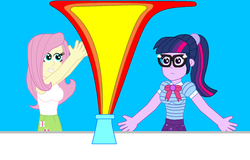 Size: 1424x909 | Tagged: safe, artist:eli-j-brony, fluttershy, sci-twi, twilight sparkle, human, equestria girls, equestria girls series, g4, beaker, breasts, clothes, explosion, female, glasses, ponytail, science, skirt, tank top